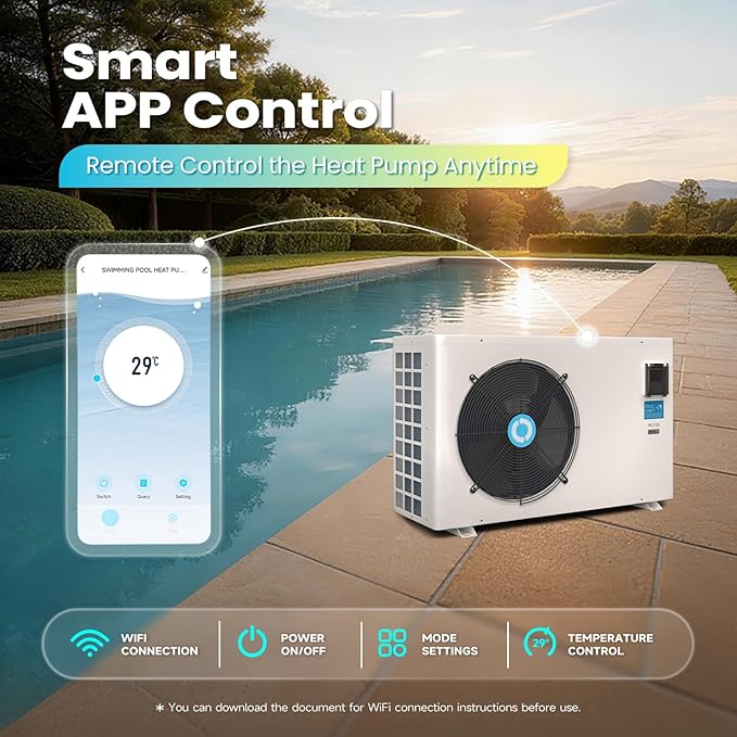 POOLCOMFT Inverter Swimming Pool Heat Pump, Electric Pool Heater for Above Ground and Inground Pool, Smart WiFi Control, Heating and Cooling Pool Heater, 10000 Gallons