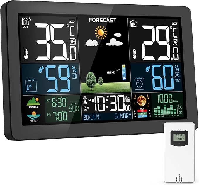 Weather Station Wireless Indoor Outdoor, Thermometer Wireless with Remote Sensor, Home Weather Station, Color Display Digital Weather Forecast, Humidity, Atomic Clock, Air Pressure for Home