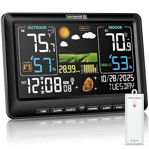 BluSon Weather Station Wireless Indoor Outdoor Thermometer, Color Display Digital Temperature Humidity Monitor with Atomic Clock, Weather Forecast, Adjustable Backlight, Home Weather Statio, Black