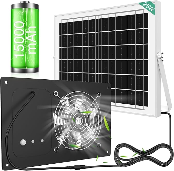 Solar Powered Fan with Timer & 15000mAh Battery, 25W Efficient Solar Exhaust Intake Fan, 3500 RPM High-Speed Waterproof Ventilation Fans for Chicken Coops, Greenhouses, Pet Houses, Sheds & Windows