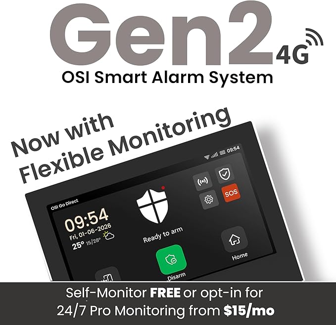 OSI Alarm System Gen 2 (4G), 11pc, DIY, Motion & Entry Sensors, Wireless Siren, Remotes, App & Alexa Compatible Self Monitor(No Monthly Fees) or 24/7 Alarm Monitoring (as Low as $15/mo)