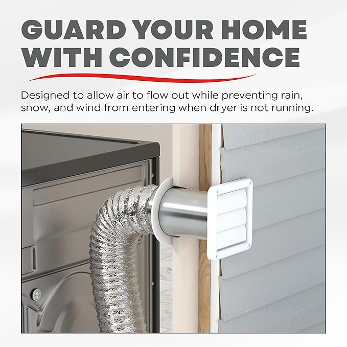 Deflecto Supurr-Vent 4” Outdoor Dryer Vent Cover White Louvered Wall Hood with Gravity Damper for Backdraft Prevention, Fits Standard 4” Dryer Exhaust Pipe, Weather & UV-Resistant, Durable 6"x6" Face