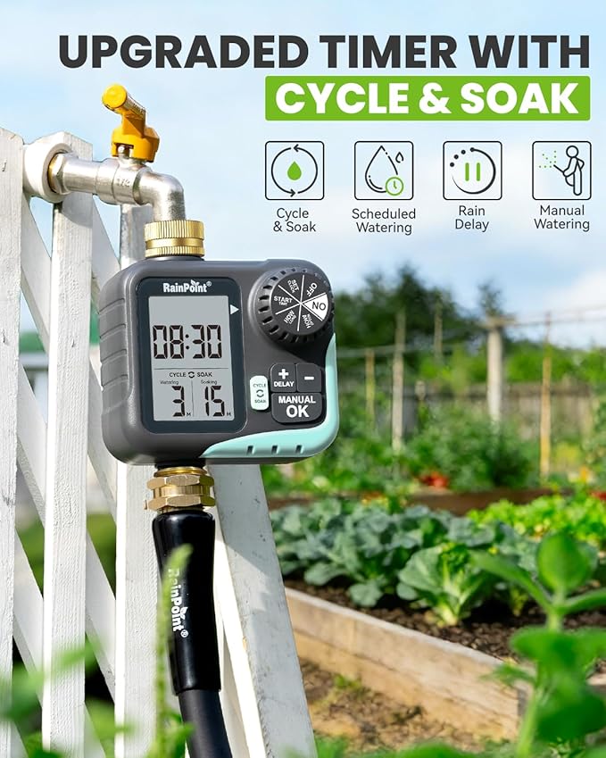 RAINPOINT Sprinkler Timer for Garden Hose - Hose Timer with Cycle & Soak/Rain Delay/Automatic Watering/Manual Watering, Programmable Irrigation System with Large Display, Brass Inlet & Outlet