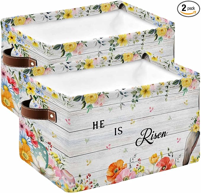 Easter Storage Bins Cubes Waterproof Cloth Storage Basket,Spring Farmhouse Vintage Bunny Flower Wood Grain Foldable Storage Bags for Shelf Clothes Storages Organizers with Handles 15x11x9.5 in 2PCS