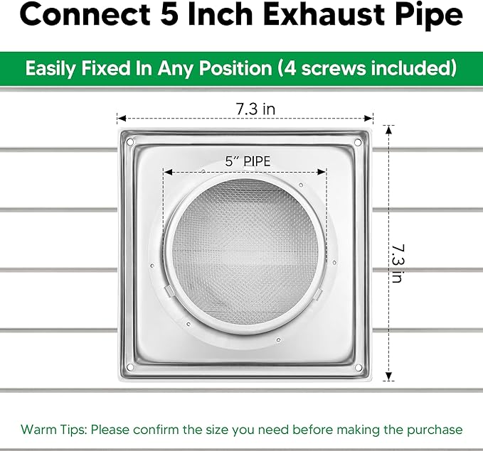 Funmit 5'' Metal Dryer Vent Cover with Fine Mesh Screen, 7" x 7" Stainless Steel Exterior Exhaust Louvered Outdoor Vent Cover Includes 4 Screw for Easy Installation