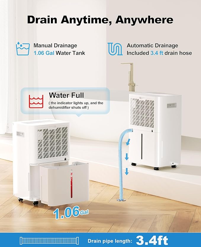 50 Pint Dehumidifier for Large Rooms & Basements, Up to 4,500 Sq.Ft, Automatic Humidity Control with Continuous Drain, Quiet 40dB, 24-Hour Timer, Wheels & Child Lock