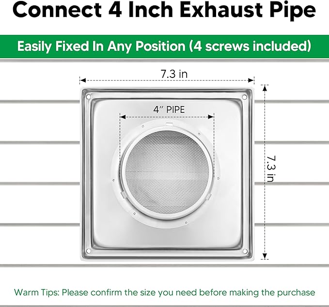 Funmit 4'' Metal Dryer Vent Cover with Metal Mesh Screen, 7"x7" Outdoor Stainless Steel Louvered Vent Cover Includes 4 Screw for Easy Installation