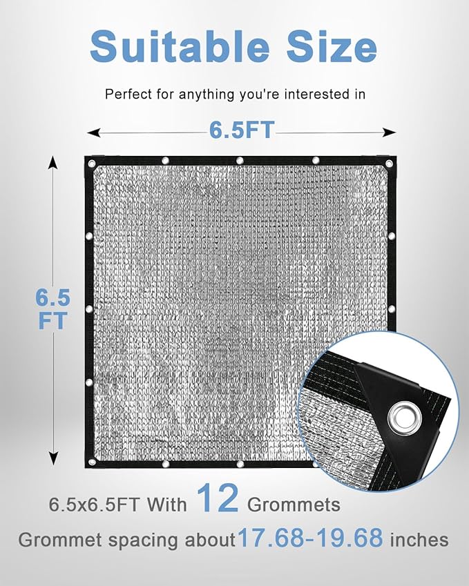 vensovo 95% Aluminum Shade Cloth - Reflective Aluminium Shade Netting Sun Shade Cover with Grommets for Cars, Dogs, Outdoor, RV, Patio (6.5x6.5FT)