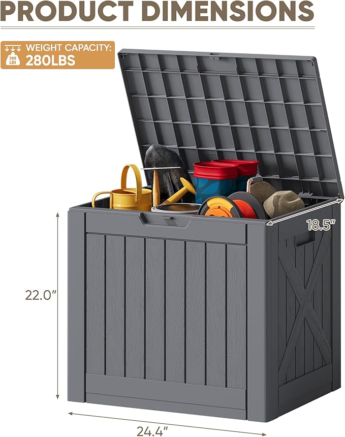 JUMMICO 42 Gallon Deck Box Waterproof, Resin Outdoor Storage Box with Side Handles, Outdoor Storage Benches Lockable for Patio Cushions and Garden Tools (Gray)