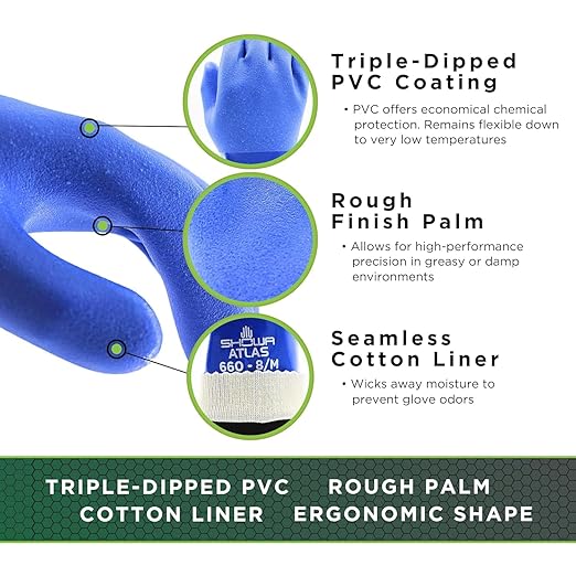 SHOWA Atlas 660 Triple-Dipped PVC Chemical Resistant Gloves, Heavy-Duty Gloves, Rough Finish Grip, Seamless Cotton Liner, 12" Length, Blue, Small, Vending 12-Pack