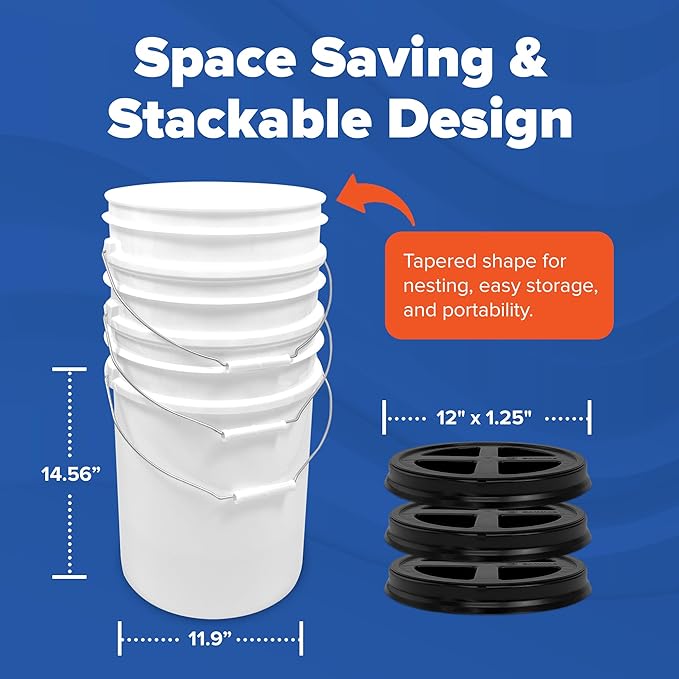 ePackageSupply 5 Gallon Bucket - Food Grade Bucket with Airtight Gamma Seal Screw-On Lid, BPA-Free, Heavy-Duty 90 Mil HDPE Plastic, Bulk Storage, Durable Container, Made in USA, White/Black, 6 Packs