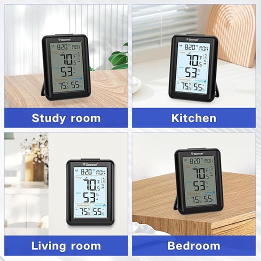 Geevon Indoor Outdoor Thermometer for Seniors – Digital Temperature & Humidity Monitor with Alarm Clock, 3.8" Large Display, Backlight, 3 Channels, Battery Operated for Home, Bedroom, Greenhouse