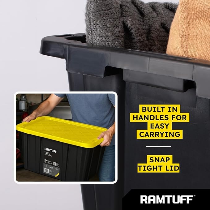 Ramtuff 4 Pack Heavy Duty Stackable Storage Container with Snap-Tight Lid, Resistant To Weather Organization Tote, 27 Gallon, Black and Yellow