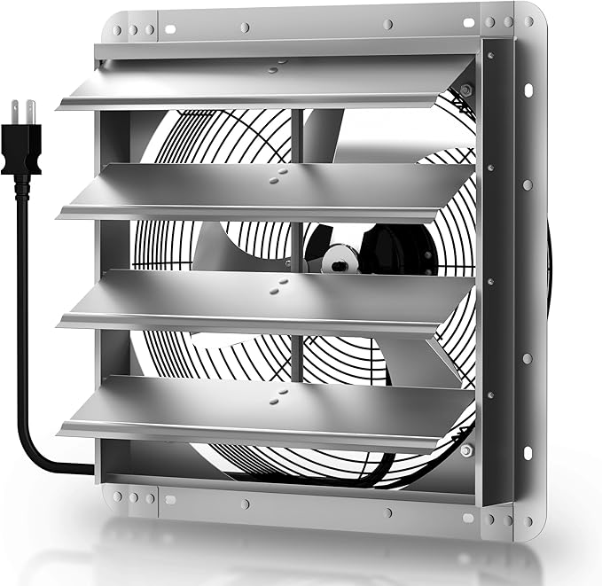 Xcity 16" Shutter Exhaust Fan with 6 ft Power Cord, High Speed AC Motor, 2633 CFM, 1600 RPM, Wall Mount Ventilation Fan with Automatic Gravity Louvers, for Garage, Shed, Commercial, Attic, Waterproof