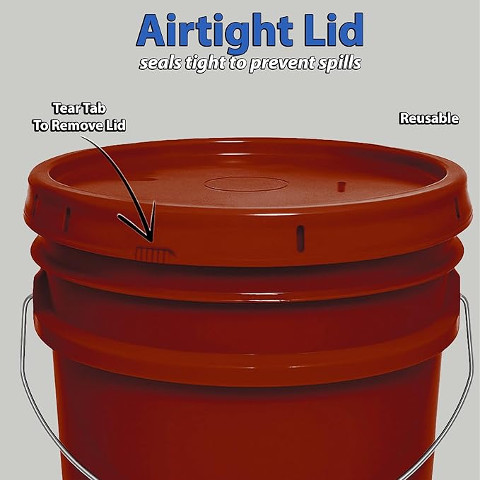MKS Plastics 5-Gallon Bucket with Airtight Lid – Made in USA, Food Grade BPA Free Plastic, Heavy Duty Multi-Use, Metal Handle with Grip, Stackable Storage – Burgundy, 1 Pack