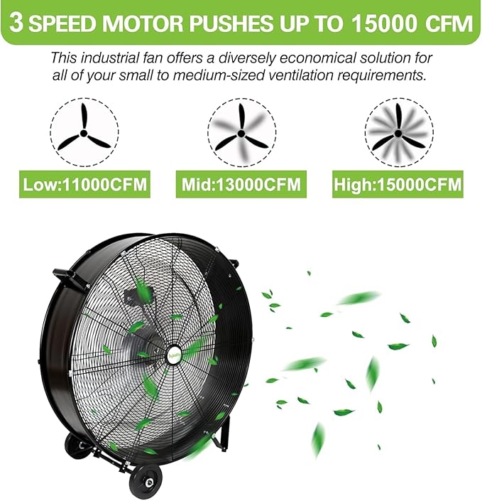 hykolity 34" High Velocity Industrial Drum Fan with 2 Speeds, 15000 CFM Heavy Duty Shop Fan with Casters & Handle for Warehouse, Factory Workshop and Garage Use