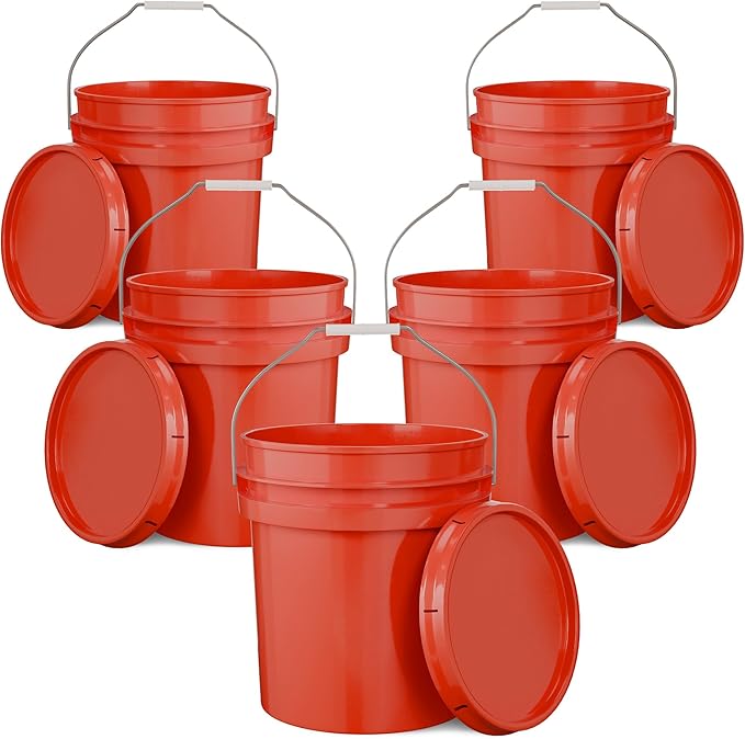 EconoHome 5-Gallon Red Bucket Pail Container with Lid | Metal Handles with Plastic Grip for Easy Carrying | Easy Stack and Store | Heavy-Duty Extra Durable | Food Grade | BPA Free - 5 Pack