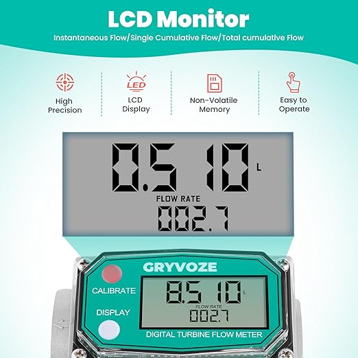 1 Inch Digital Turbine Fuel Flow Meter, 2.6-26 GPM Inline NPT Thread Flowmeter with 3/4 in Adapters for Water, Diesel, Gas Oil, Gasoline, and Other Liquids - Supports Gallon, QTS, PTS, L, m³