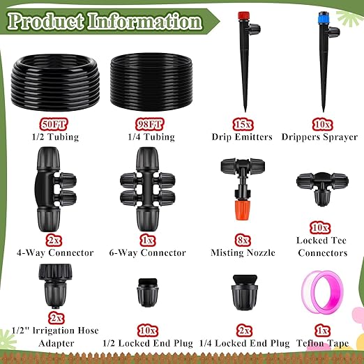 TWOWYHI 98FT 1/4 Inch 50FT 1/2 Inch Tubing Drip Irrigation System Kit Garden Irrigation Equipment Adjustable Quick Connector Watering Misting for Outdoor Yard Lawn Raised Bed Greenhouse