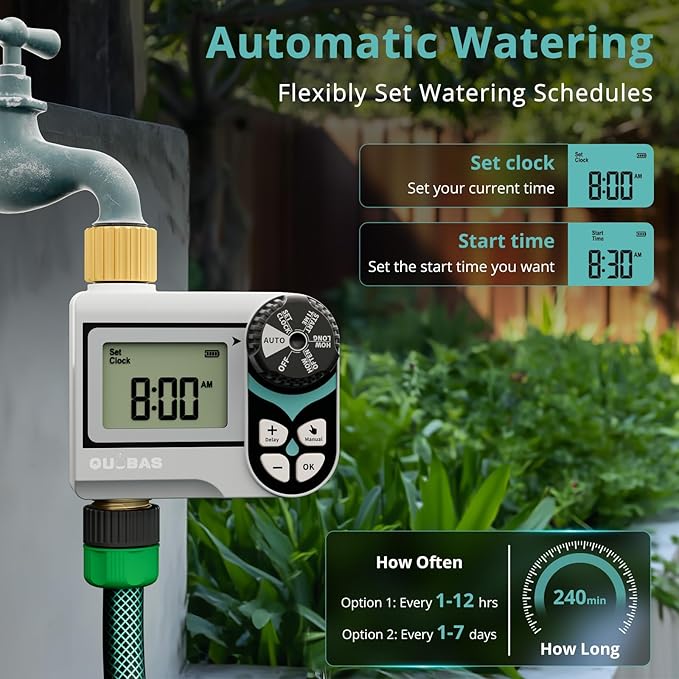 QUOBAS Zero Pressure Water Timer, Programmable Sprinkler Timer for Garden Hose Faucet with Brass Ports, Rain Delay/Manual/Automatic Irrigation System, Low Pressure Watering Compatible Rain Barrel