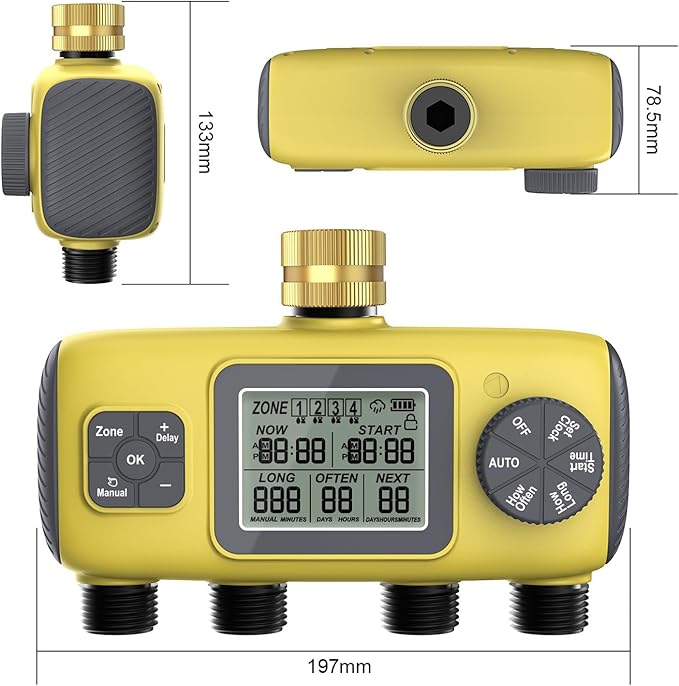 RiToEasysports Irrigation Timer, Intelligent Control, 4 Zone Watering Timer, Rain Delay, 3/4in Brass Inlet for Yard Lawn 40.1°F to 113°F
