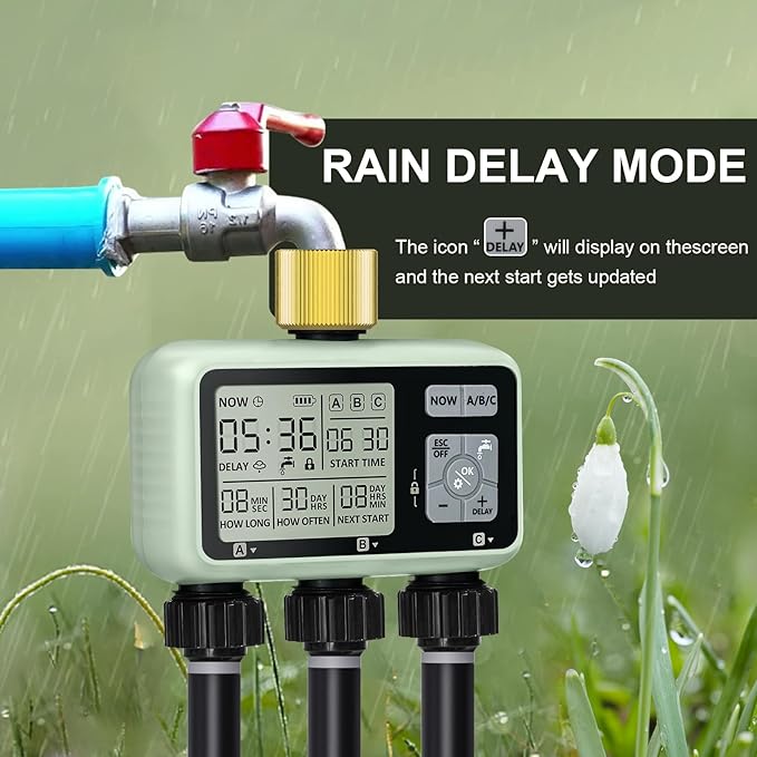 Watering Timer 3 Zone with Brass Inlet, Sprinkler Timer, Programmable Garden Outdoor Hose Faucet Timers with Rain Delay, Auto & Manual Watering System,Water Hose Irrigation Timers 3 Outlet for Garden