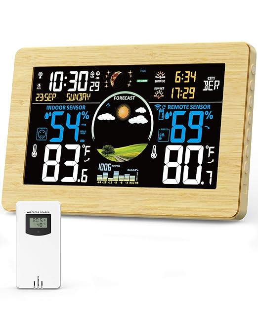 Weather Station Wireless Indoor Outdoor Thermometer, 7.5" VA Display with Remote Sensor, Home Weather Station with Weather Forecast, Temperature, Humidity, Atomic Clock, Wood