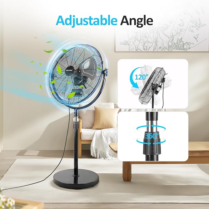BEESTAR 20 Inch Heavy Duty High Velocity Pedestal Fan,Industrial Standing Fan with Adjustable Height and Tilt,3-Speed,Metal Fan for Industrial, Commercial, Residential, Greenhouse,Black