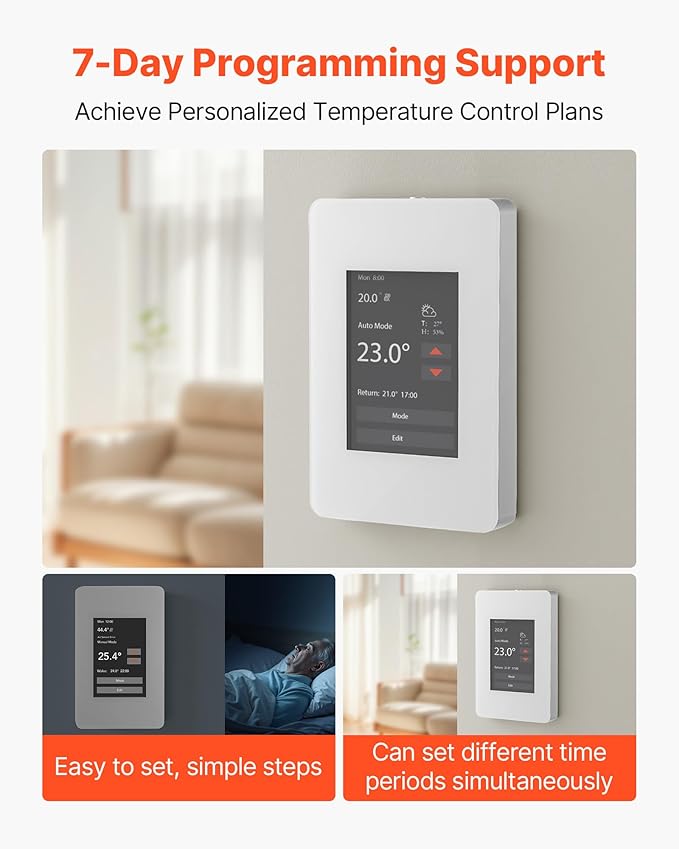 VEVOR 7-Day Programmable Thermostat Gray-White (Without WiFi) - for Radiant Underfloor Heating Cable & Heat Pump, GFCI & Sensitive Sensor, TFT Color Touch Display, Energy-Efficient