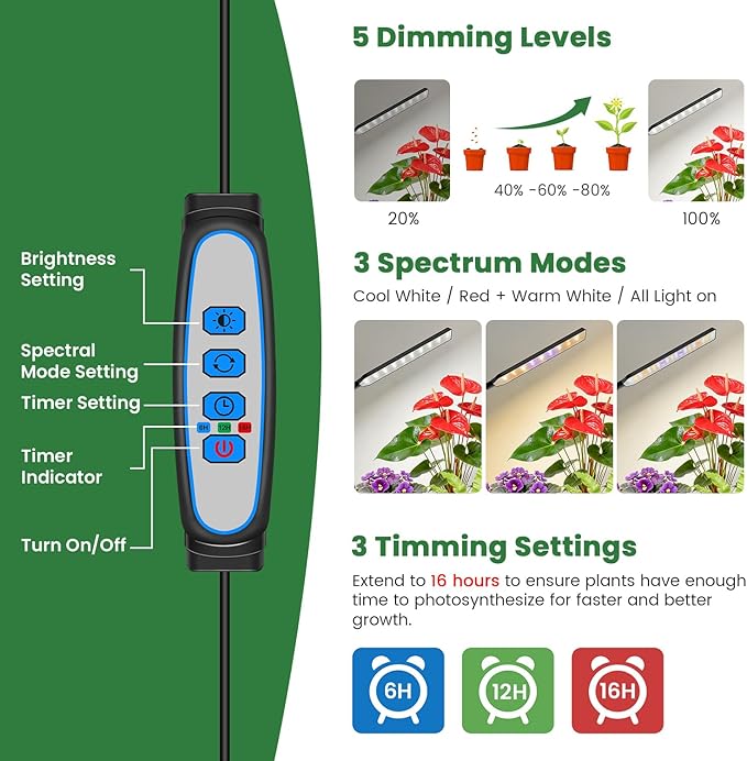 Kullinss Grow Lights for Indoor Plants, 57 LEDs Black Plant Lights for Indoor Growing with 6/12/16H Timer, 3 Color Modes, Full Spectrum Sunlike Clip on Grow Lamp for Indoor Plants, Herbs, Seedlings