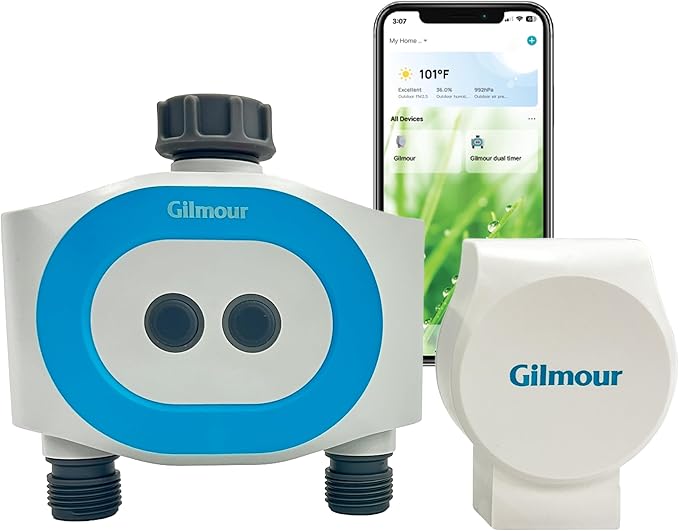 Gilmour Dual Outlet Smart Water Timer, WiFi Automatic Watering System, Rain Delay, Battery Operated, 2 Zone