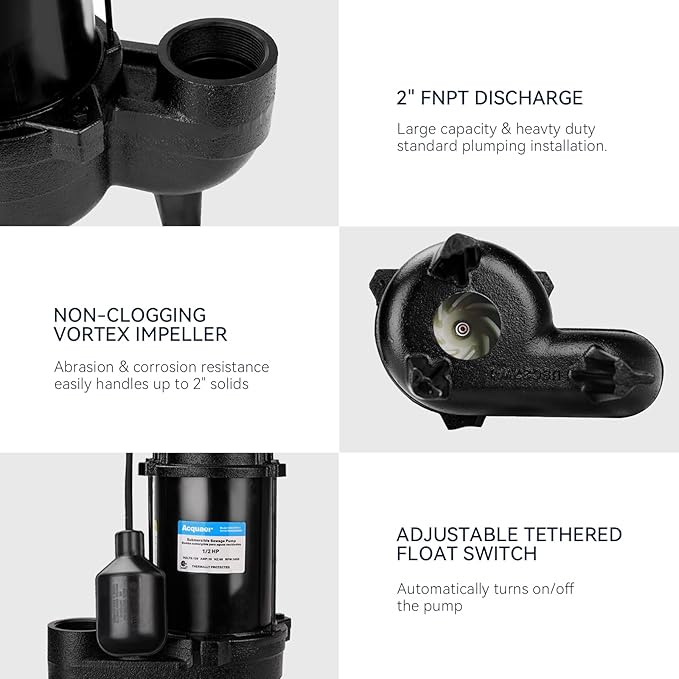 Acquaer Sewage Pump Submersible Water Pump with Automatic Float Switch, for Sump Basin, Residential Sewage, Black, 2'' NPT 1/2 HP 6000 GPH