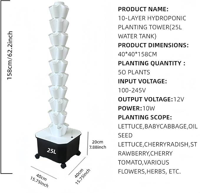 TIRUSSS Hydroponic Growing System Kit, Aeroponic Tower 50 Hole Garden Vertical Vegetable Planting System with Pump and Mobile Water Tank