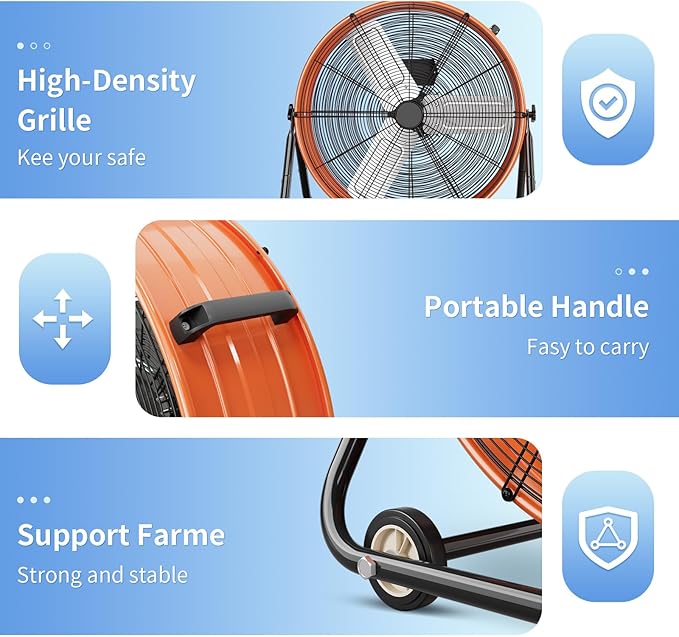 LifePlus 30" Industrial Drum Fan, 14000 CFM High Velocity 3-Speed Heavy Duty Metal Air Circulator with 360° Tilt, Casters Handle for Warehouse Factory workshops Patios Garage, Orange