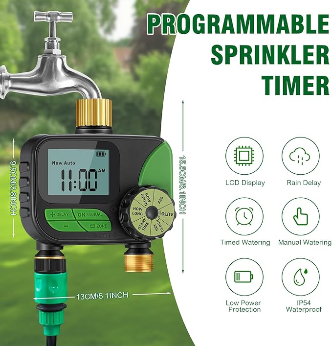 Kingdder Water Timer, Sprinkler Timer with Brass Inlet and Outlet Programmable Garden Hose Faucet with Rain Delay/Manual/Automatic Irrigation System for Yard Lawn IP54 Waterproof(2 Outlet)