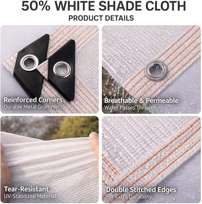50% White Shade Cloth for Plant Sunblock, Heavy Duty Garden Netting Breathable Shade Mesh Tarp with Grommets Outdoor Privacy Fence Screen for Greenhouse Patio Yard Canopy(16x16ft)
