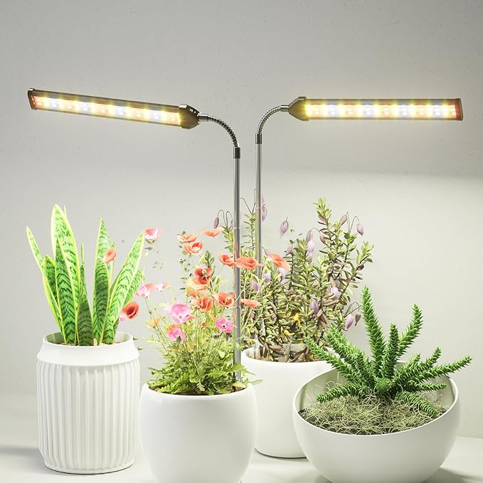 Grow Light for Indoor Plants Growing, 6000K Full Spectrum Gooseneck Plant Lamp for Seedings Succulents Small Plants, 5 Dimming & 4/8/12/18H Timer, 2 Pack