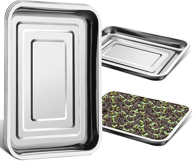 RooTrimmer 5 Pack Large Stainless Steel Seedling Trays, Heavy Duty Metal Water Catch Trays for Nursery Pots-Transplant, Seed Germination & Propagation Flats (17.5 inch×13.56 inch, 1.18" Height)