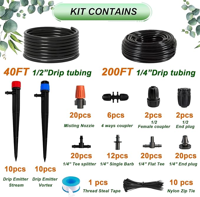 240FT Drip Irrigation System,Irrigation System for Garden with 1/2 inch Hose 1/4 inch Distribution Tubing and Accessories,Drip Irrigation Parts Garden Watering System