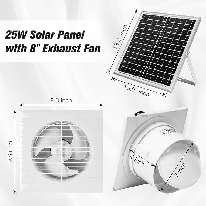 blessny Solar Powered Exhaust fan, 25W Solar Panel + 8" Ventilation Vent Fan for Outside Greenhouse, Chicken Coop, Shed, Pet House