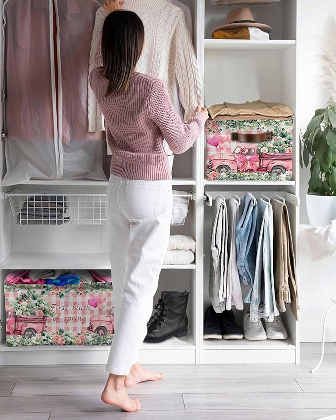 Eucalyptus Trucks Storage Bins Cubes Waterproof Cloth Storage Basket,Spring Farmhouse Floral Leaves Pink Plaid Foldable Storage Bags for Shelf Storages Organizers with Handles 15x11x9.5 in 2PCS