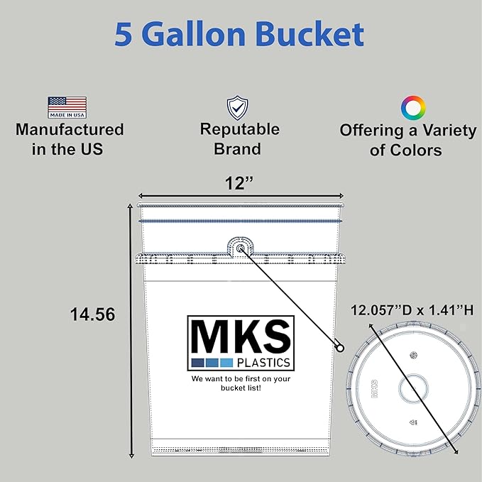 MKS Plastics 5-Gallon Bucket with Airtight Lid – Made in USA, Food Grade BPA Free Plastic, Heavy Duty Multi-Use, Metal Handle with Grip, Stackable Storage – Orange, 6 Pack