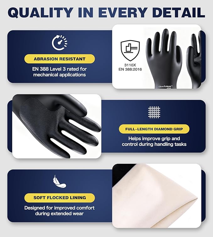 AnTools Heavy Duty Rubber Safety Work Gloves, Chemical Resistant Latex Gloves for Cleaning, Acid & Alkali Protection, Hazmat Use, Black, Large