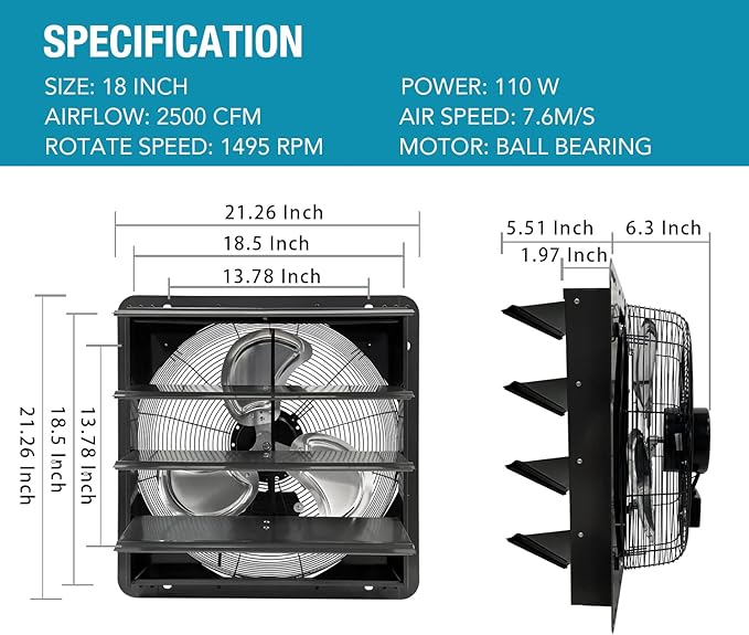 VENTISOL 18 Inch Shutter Exhaust Fan Wall Mounted, Aluminum with 1.65 Meters Power Cord Kit,High Speed 2500CFM, Ventilation Fan for Garage,Greenhouse,Attic,Shed,Shop,Black