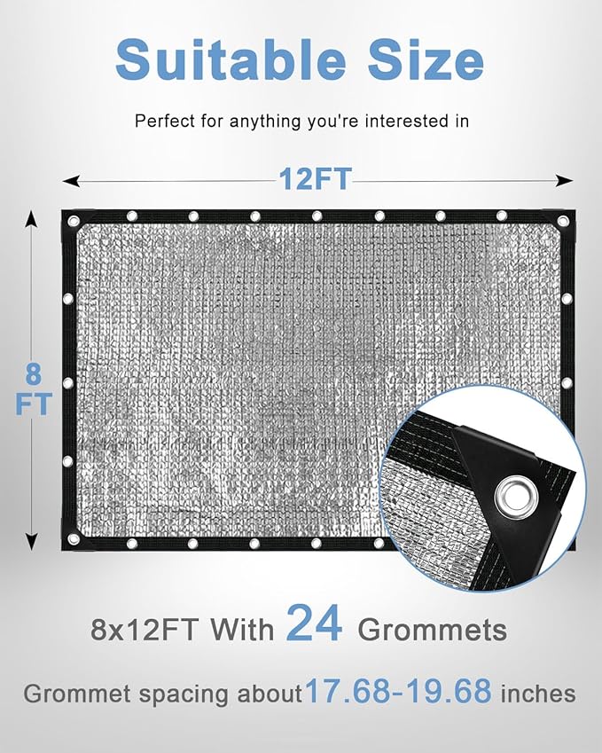 vensovo 95% Aluminum Shade Cloth - Reflective Aluminium Shade Netting Sun Shade Cover with Grommets for Cars, Dogs, Outdoor, RV, Patio (8x12FT)