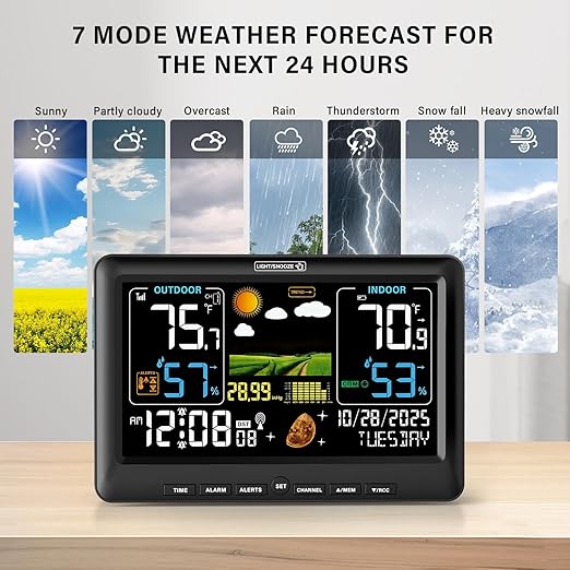 BluSon Weather Station Wireless Indoor Outdoor Thermometer, Color Display Digital Temperature Humidity Monitor with Atomic Clock, Weather Forecast, Adjustable Backlight, Home Weather Statio, Black