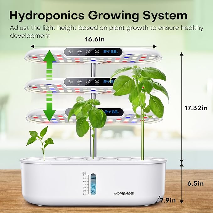 Ahopegarden Hydroponics Growing System with 12 Pods, Indoor Garden Kit with LED Grow Light & LCD Temp Humidity Display, Smart Quiet Pump Planter for Herbs, Lettuce, Vegetables, Kitchen Garden Use