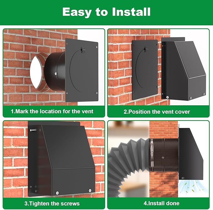 5 inch Dryer Vent Cover Outside, Galvanized Steel Hooded Wall Vent with Screen and Damper, Outdoor Dryer Vent Cover Cap for Range Hood/AC Vent Duct/Kitchen Air Ventilation (Black)