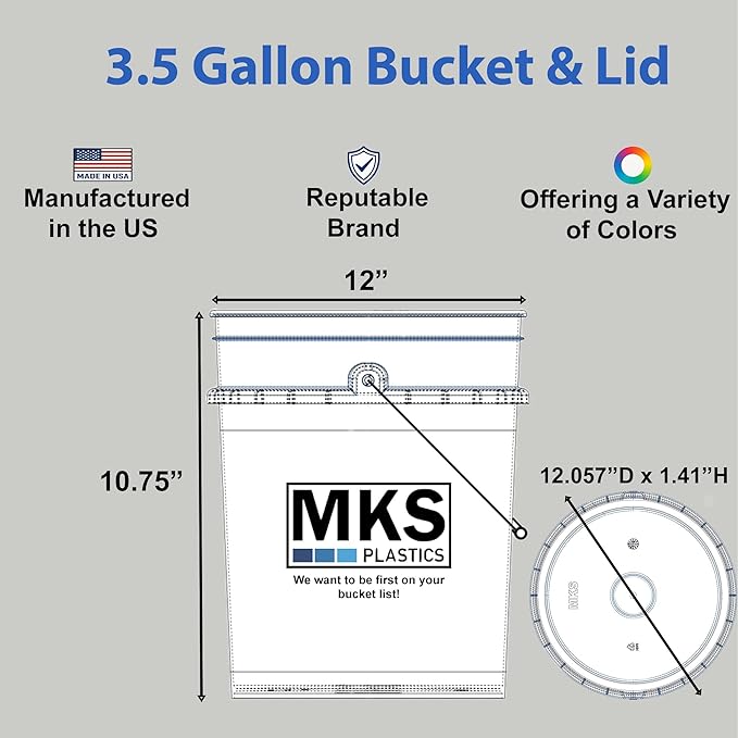 MKS Plastics 3.5-Gallon Bucket with Airtight Lid – Made in USA, Food Grade BPA Free Plastic, Heavy Duty Multi-Use, Metal Handle with Grip, Stackable Storage – Black, 6 Pack