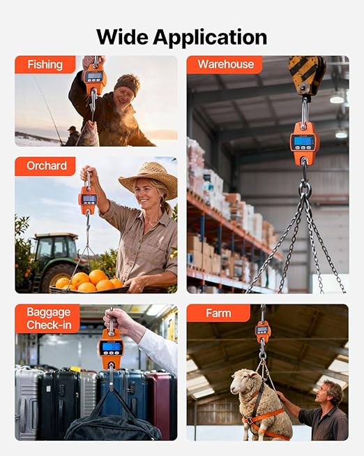 VEVOR Digital Crane Scale, 660 lbs/300 kg, Industrial Heavy Duty Hanging Scale with Cast Aluminum Case & LCD Screen, Handheld Mini Crane with Hooks for Farm, Hunting, Fishing, Outdoor, Garage (Orange)
